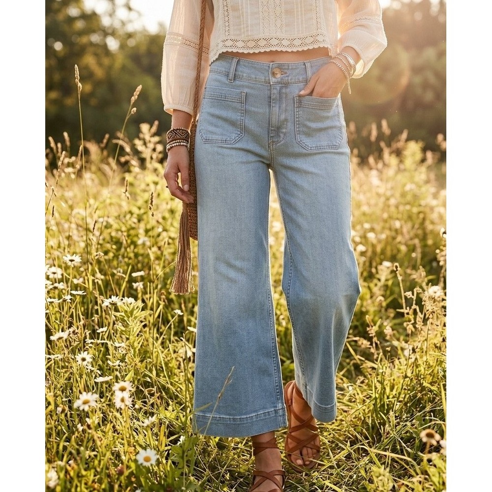 Maeve Colette Jeans Women 26P Light Blue Wide Leg Crop High Rise Patch Pocket